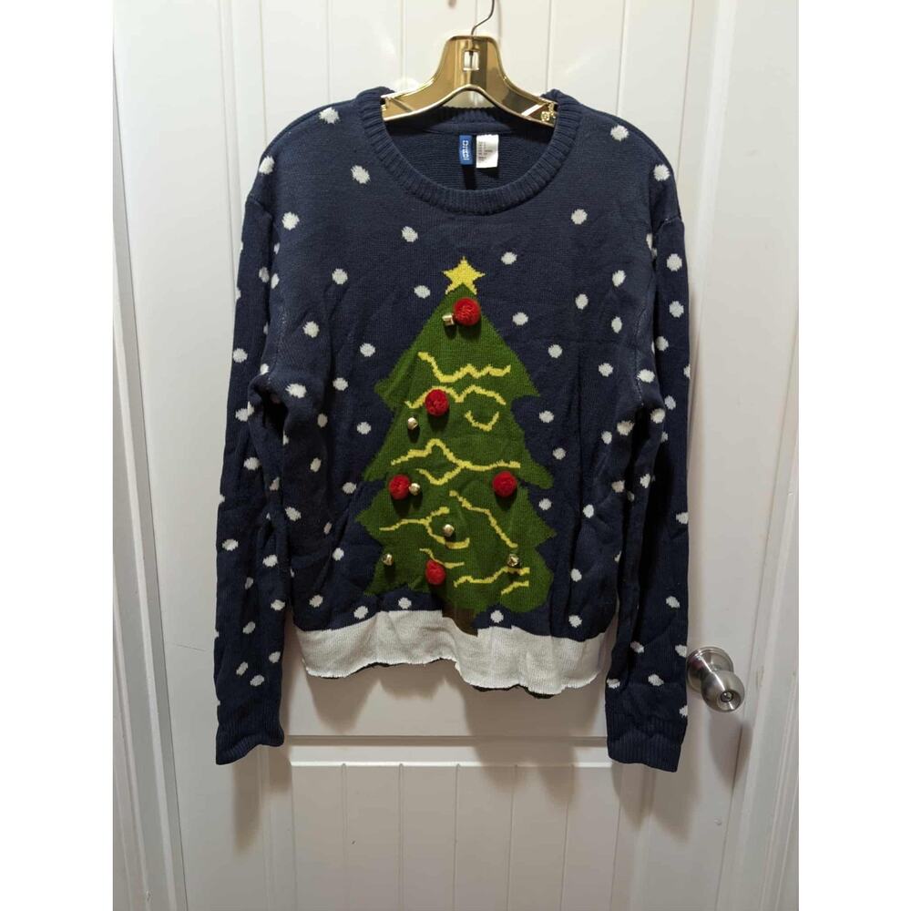 Vintage Divided Blue Christmas Sweater Size S Holiday Beaded Festive Tree